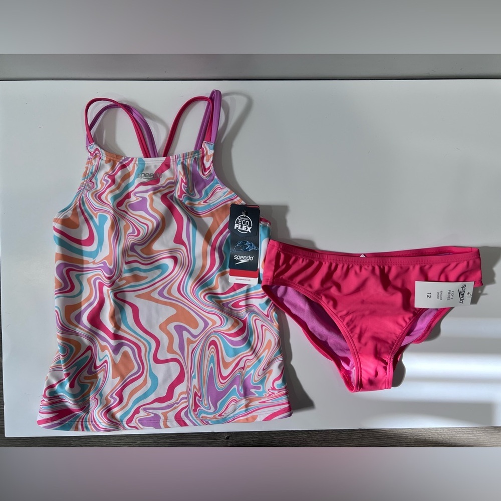 Speedo Girl's Swimwear Printed Two Piece Tankini Set - Coral Paradise size 12